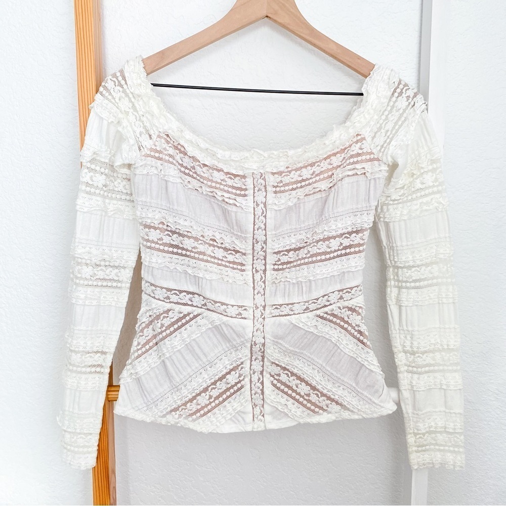 cinq a sept Off-the-Shoulder White Lace Long-Sleeve Top - Picture 4 of 14